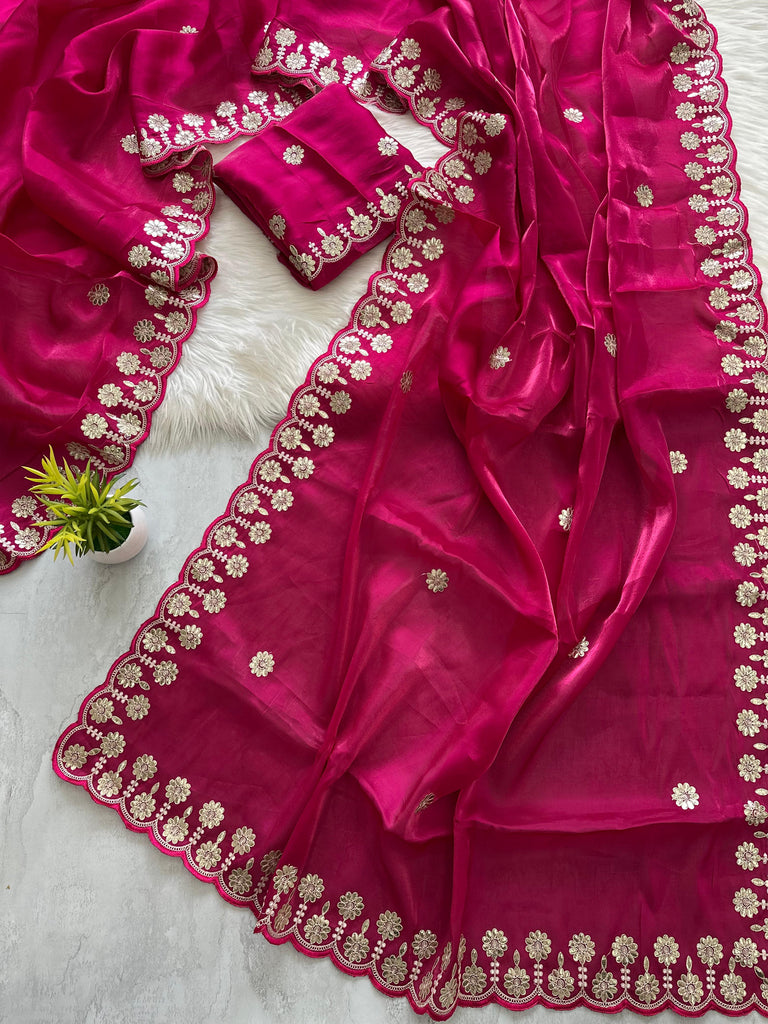 Magenta Jimmy Choo Saree with Beautiful Jaipuri Gota Work – Complete with Matching Running Blouse ClothsVilla