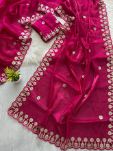 Load image into Gallery viewer, Magenta Jimmy Choo Saree with Beautiful Jaipuri Gota Work – Complete with Matching Running Blouse ClothsVilla