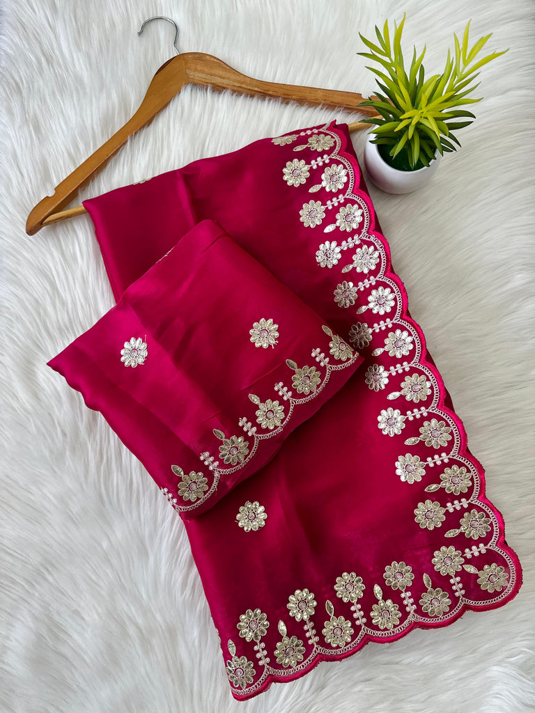 Magenta Jimmy Choo Saree with Beautiful Jaipuri Gota Work – Complete with Matching Running Blouse ClothsVilla