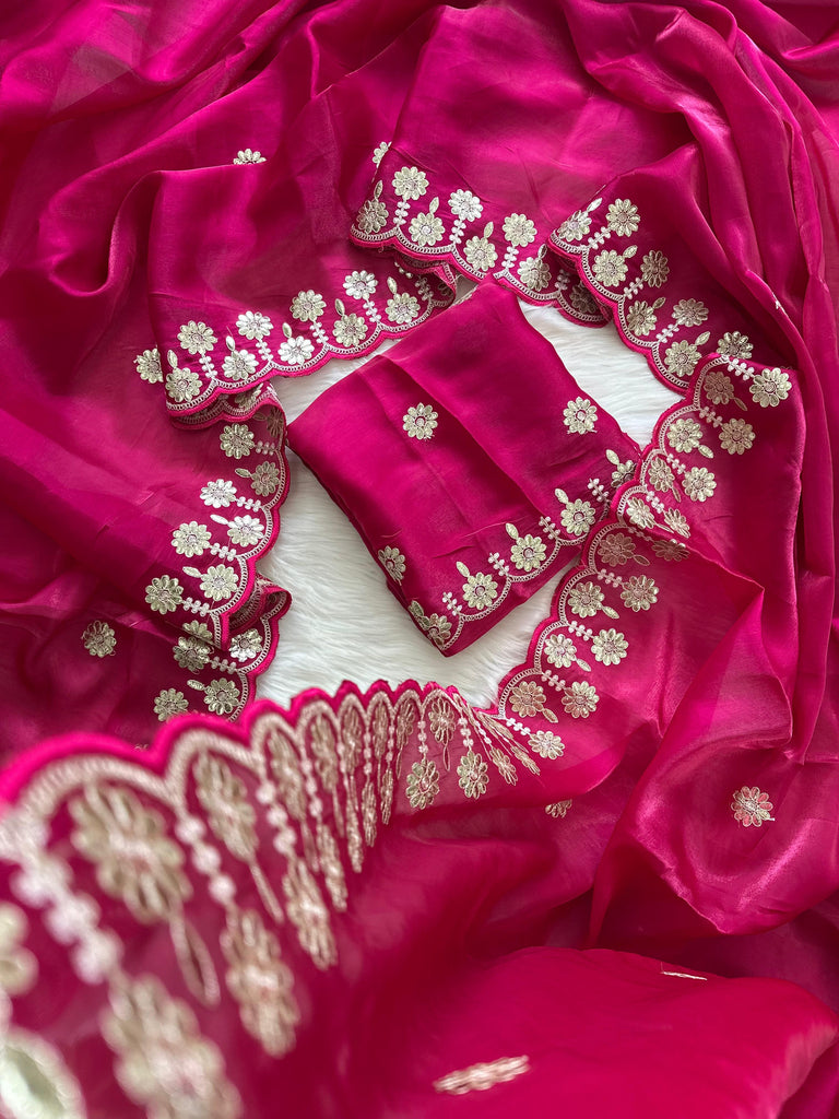 Magenta Jimmy Choo Saree with Beautiful Jaipuri Gota Work – Complete with Matching Running Blouse ClothsVilla