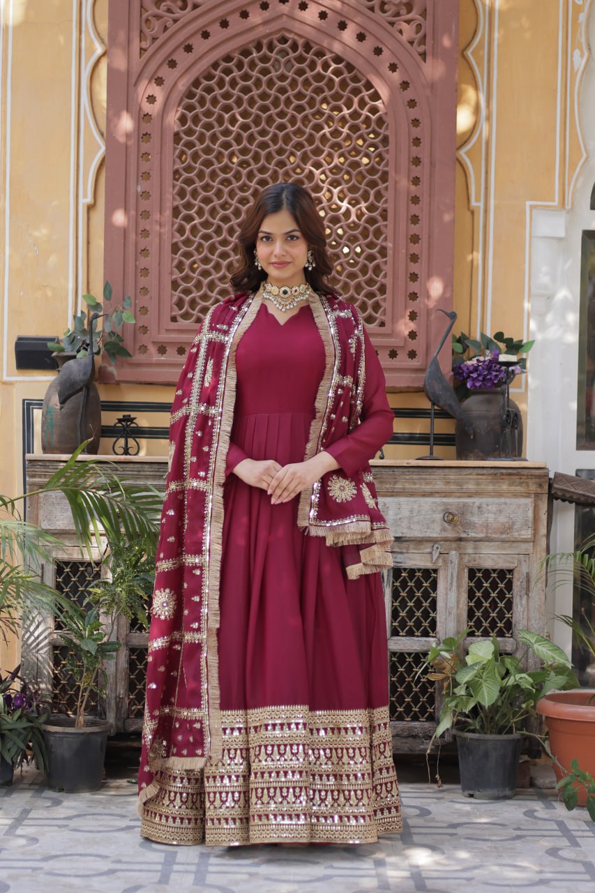Magenta Premium Designer Ready-to-Wear Gown with Dupatta – Embroidery Zari Sequins Work
