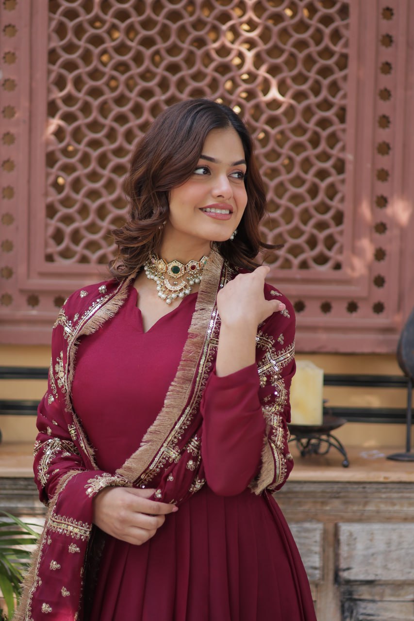 Magenta Premium Designer Ready-to-Wear Gown with Dupatta – Embroidery Zari Sequins Work