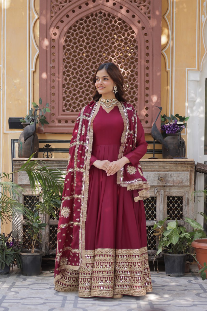 Magenta Premium Designer Ready-to-Wear Gown with Dupatta – Embroidery Zari Sequins Work