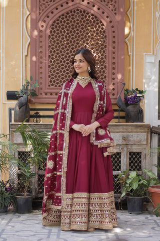 Magenta Premium Designer Ready-to-Wear Gown with Dupatta – Embroidery Zari Sequins Work