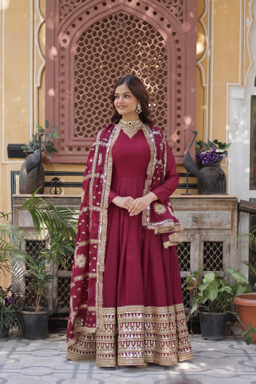 Magenta Premium Designer Ready-to-Wear Gown with Dupatta – Embroidery Zari Sequins Work