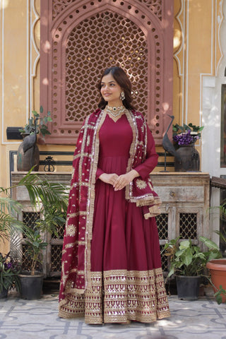 Magenta Premium Designer Ready-to-Wear Gown with Dupatta – Embroidery Zari Sequins Work