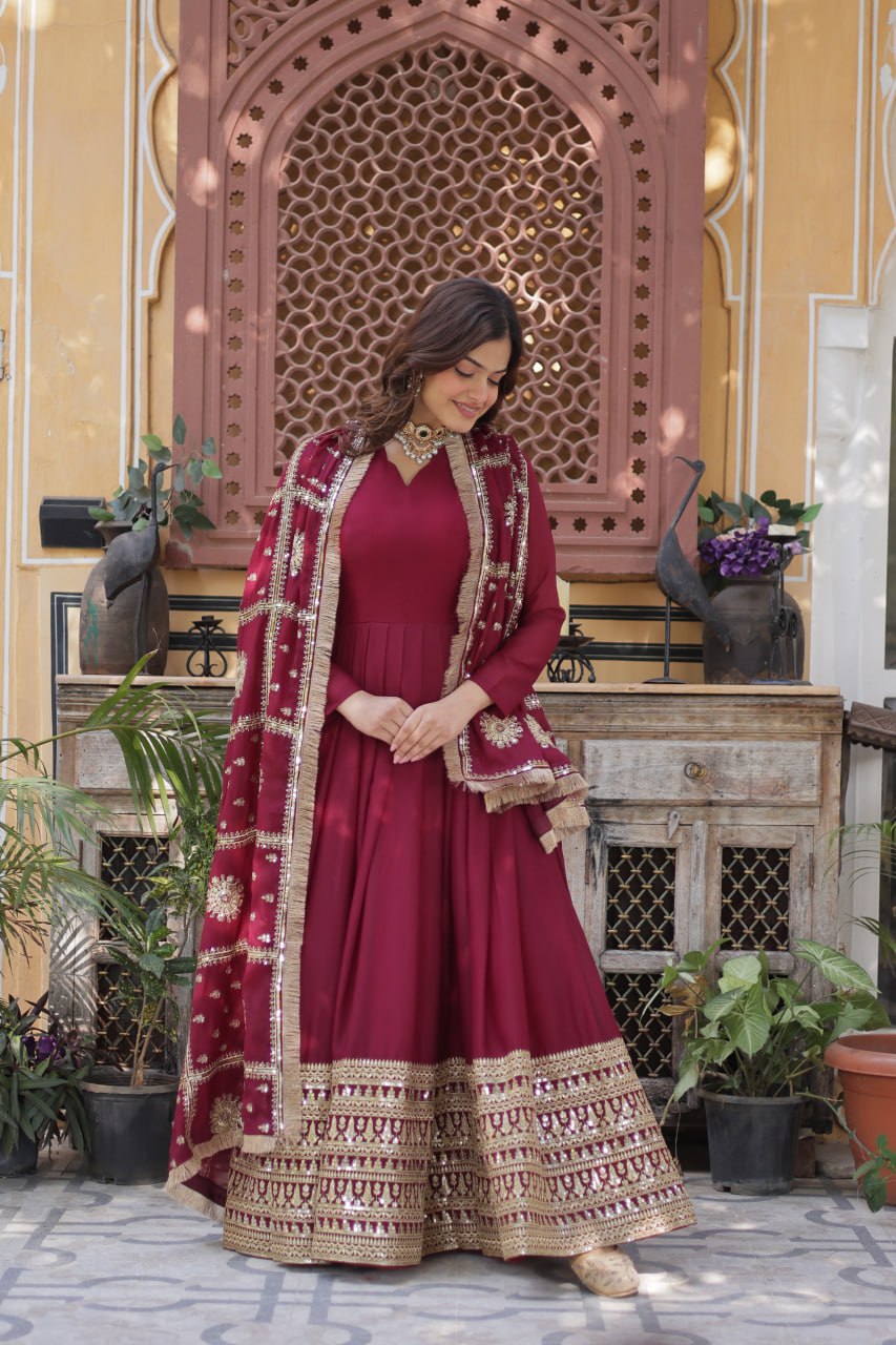 Magenta Premium Designer Ready-to-Wear Gown with Dupatta – Embroidery Zari Sequins Work