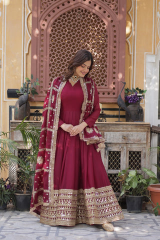 Magenta Premium Designer Ready-to-Wear Gown with Dupatta – Embroidery Zari Sequins Work