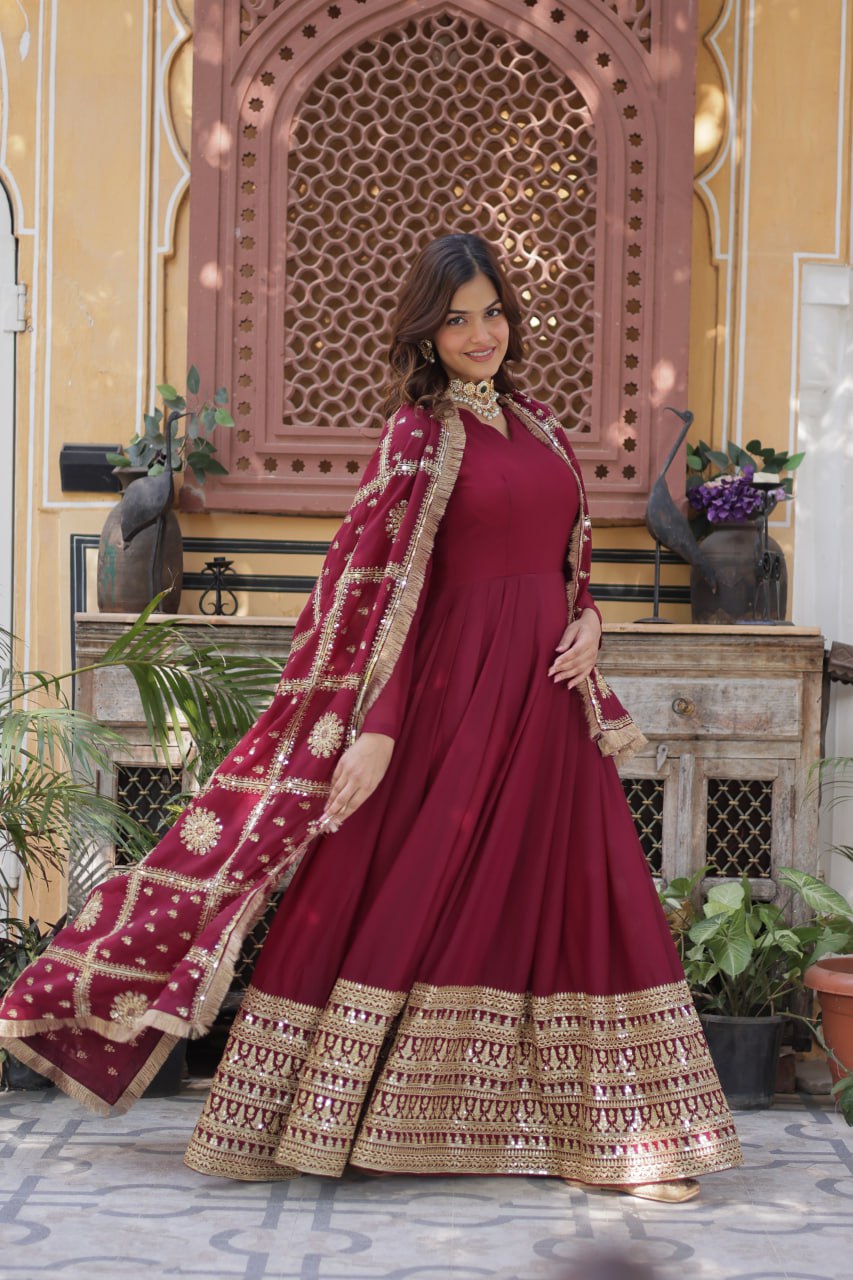 Magenta Premium Designer Ready-to-Wear Gown with Dupatta – Embroidery Zari Sequins Work