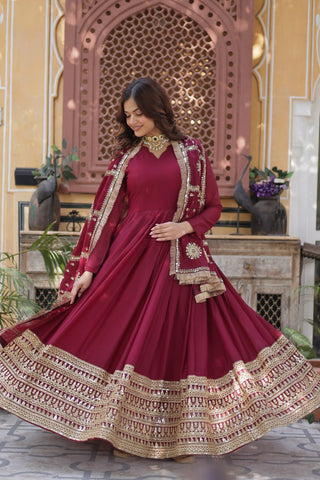 Magenta Premium Designer Ready-to-Wear Gown with Dupatta – Embroidery Zari Sequins Work