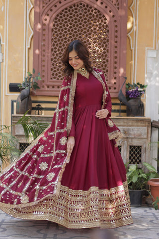 Magenta Premium Designer Ready-to-Wear Gown with Dupatta – Embroidery Zari Sequins Work