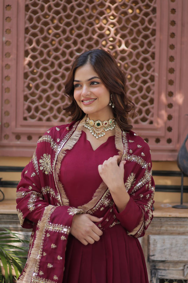 Magenta Premium Designer Ready-to-Wear Gown with Dupatta – Embroidery Zari Sequins Work