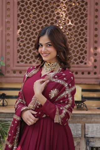 Magenta Premium Designer Ready-to-Wear Gown with Dupatta – Embroidery Zari Sequins Work