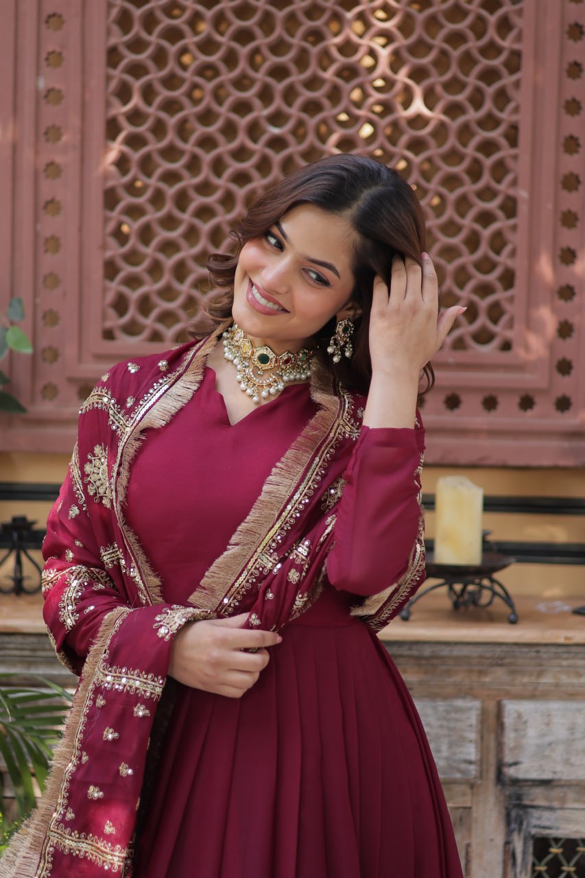 Magenta Premium Designer Ready-to-Wear Gown with Dupatta – Embroidery Zari Sequins Work