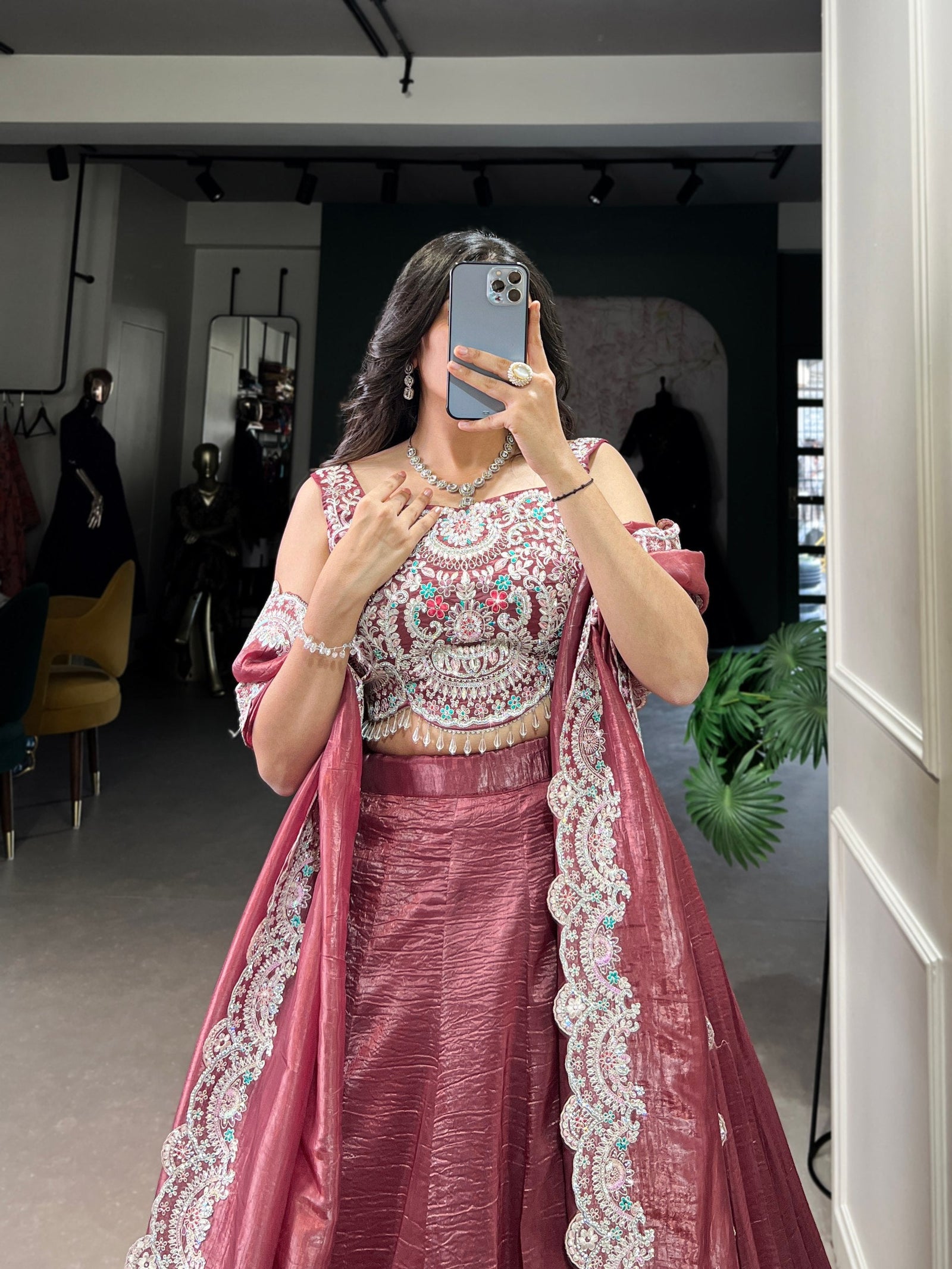 Magenta Radiant Gold Crush Lehenga Set – Luxe Elegance with Jarkan Diamond & Sequin Embroidery ClothsVilla