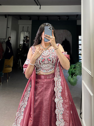 Magenta Radiant Gold Crush Lehenga Set – Luxe Elegance with Jarkan Diamond & Sequin Embroidery ClothsVilla