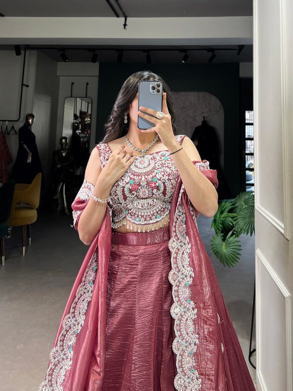 Magenta Radiant Gold Crush Lehenga Set – Luxe Elegance with Jarkan Diamond & Sequin Embroidery ClothsVilla