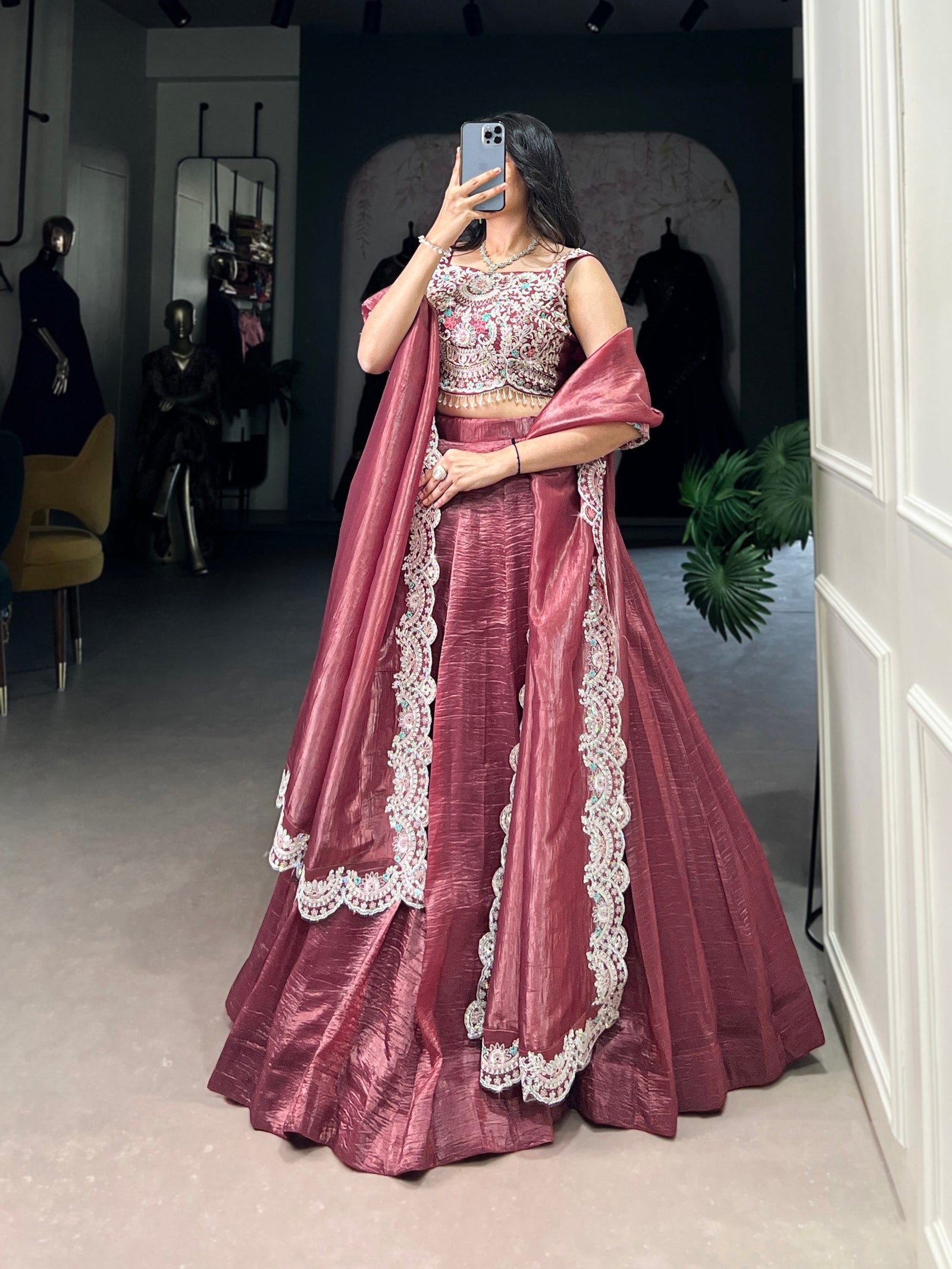 Magenta Radiant Gold Crush Lehenga Set – Luxe Elegance with Jarkan Diamond & Sequin Embroidery ClothsVilla