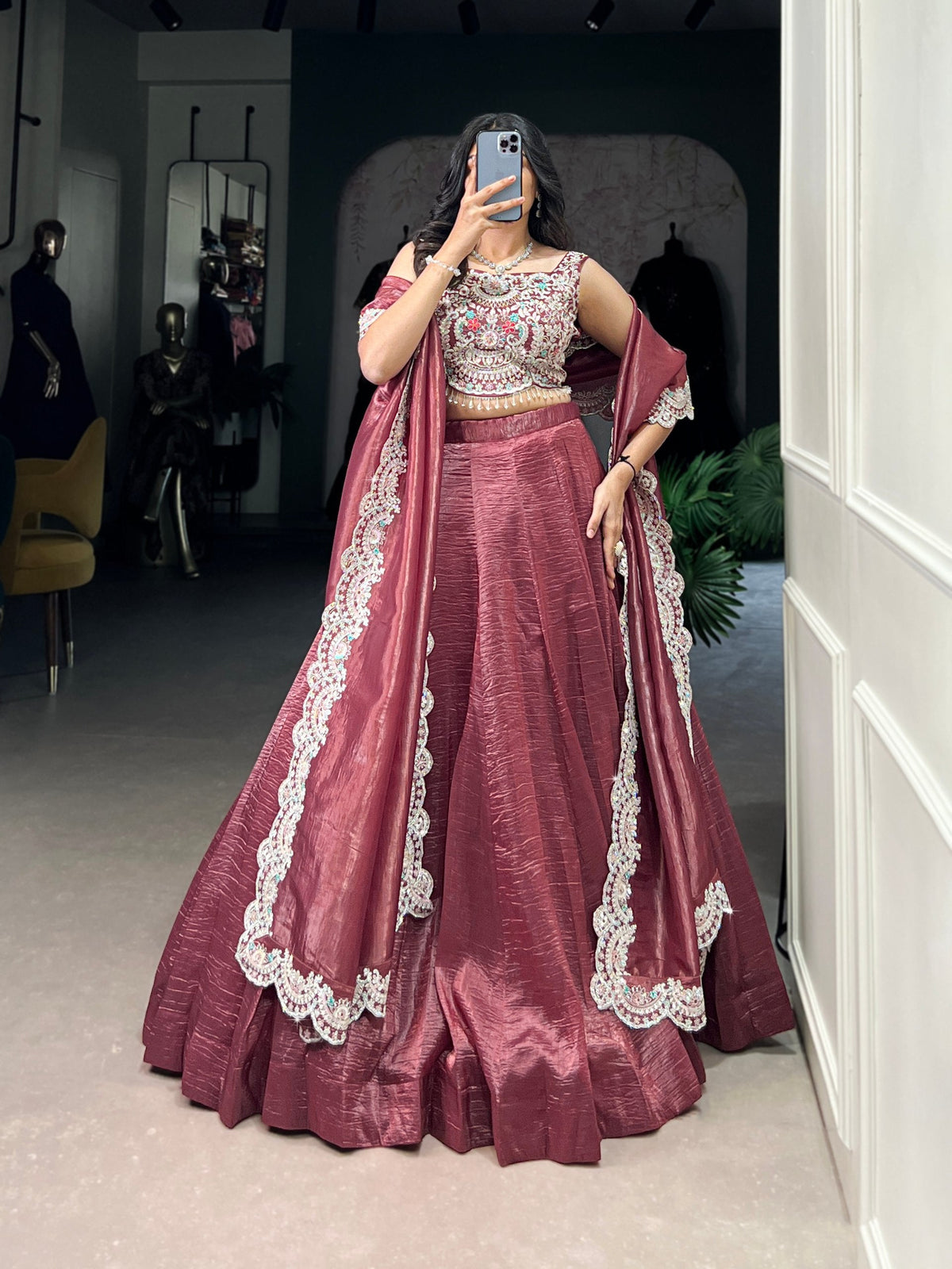 Magenta Radiant Gold Crush Lehenga Set – Luxe Elegance with Jarkan Diamond & Sequin Embroidery ClothsVilla Main image