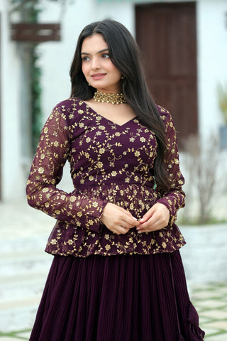 Magenta Red Premium Designer Sequins Embroidered Readymade Lehenga Choli Set ClothsVilla