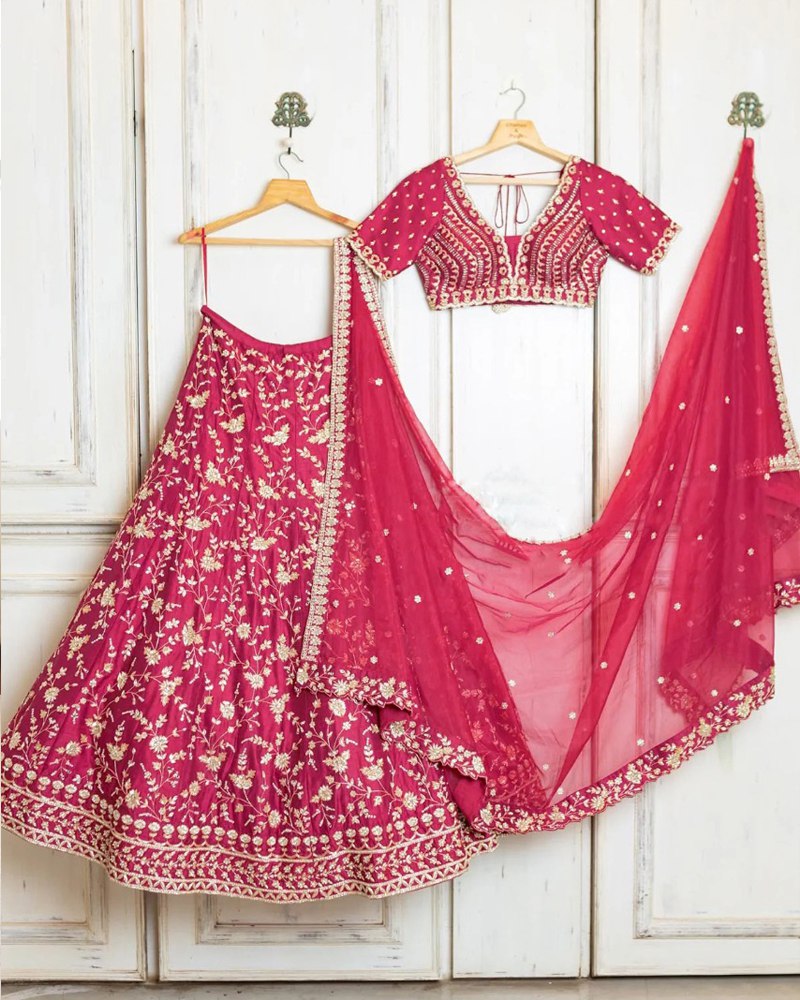 Malai Satin Silk Lehenga Choli Dupatta Set - Sequenced Zari Dori Embroidery ClothsVilla