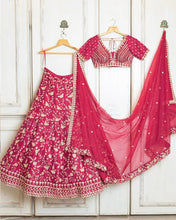 Load image into Gallery viewer, Malai Satin Silk Lehenga Choli Dupatta Set - Sequenced Zari Dori Embroidery ClothsVilla