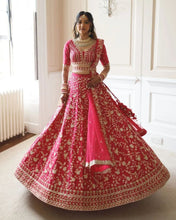 Load image into Gallery viewer, Malai Satin Silk Lehenga Choli Dupatta Set - Sequenced Zari Dori Embroidery ClothsVilla