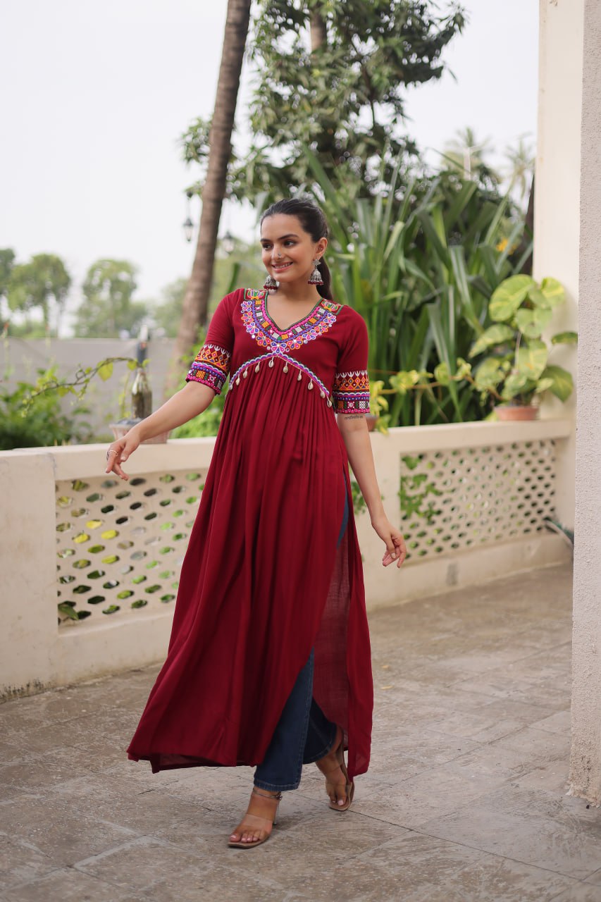 Maroon 14 Kg Rayon Kutchi Gamthi Embroidered Kurti ClothsVilla