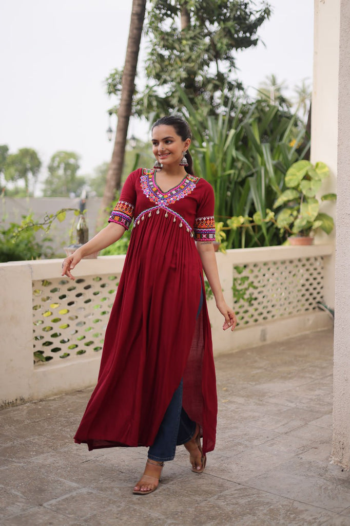 Maroon 14 Kg Rayon Kutchi Gamthi Embroidered Kurti ClothsVilla