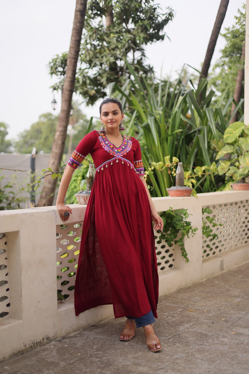 Maroon 14 Kg Rayon Kutchi Gamthi Embroidered Kurti ClothsVilla