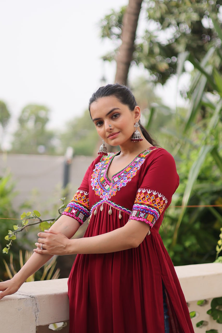 Maroon 14 Kg Rayon Kutchi Gamthi Embroidered Kurti ClothsVilla