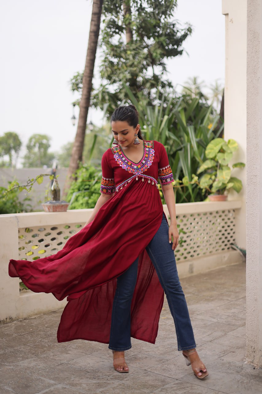 Maroon 14 Kg Rayon Kutchi Gamthi Embroidered Kurti ClothsVilla