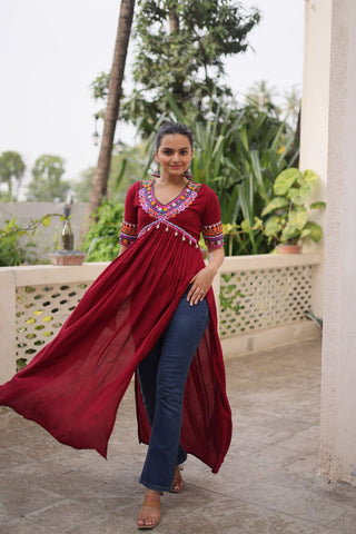 Maroon 14 Kg Rayon Kutchi Gamthi Embroidered Kurti ClothsVilla