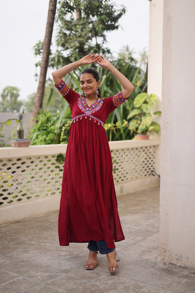 Maroon 14 Kg Rayon Kutchi Gamthi Embroidered Kurti ClothsVilla