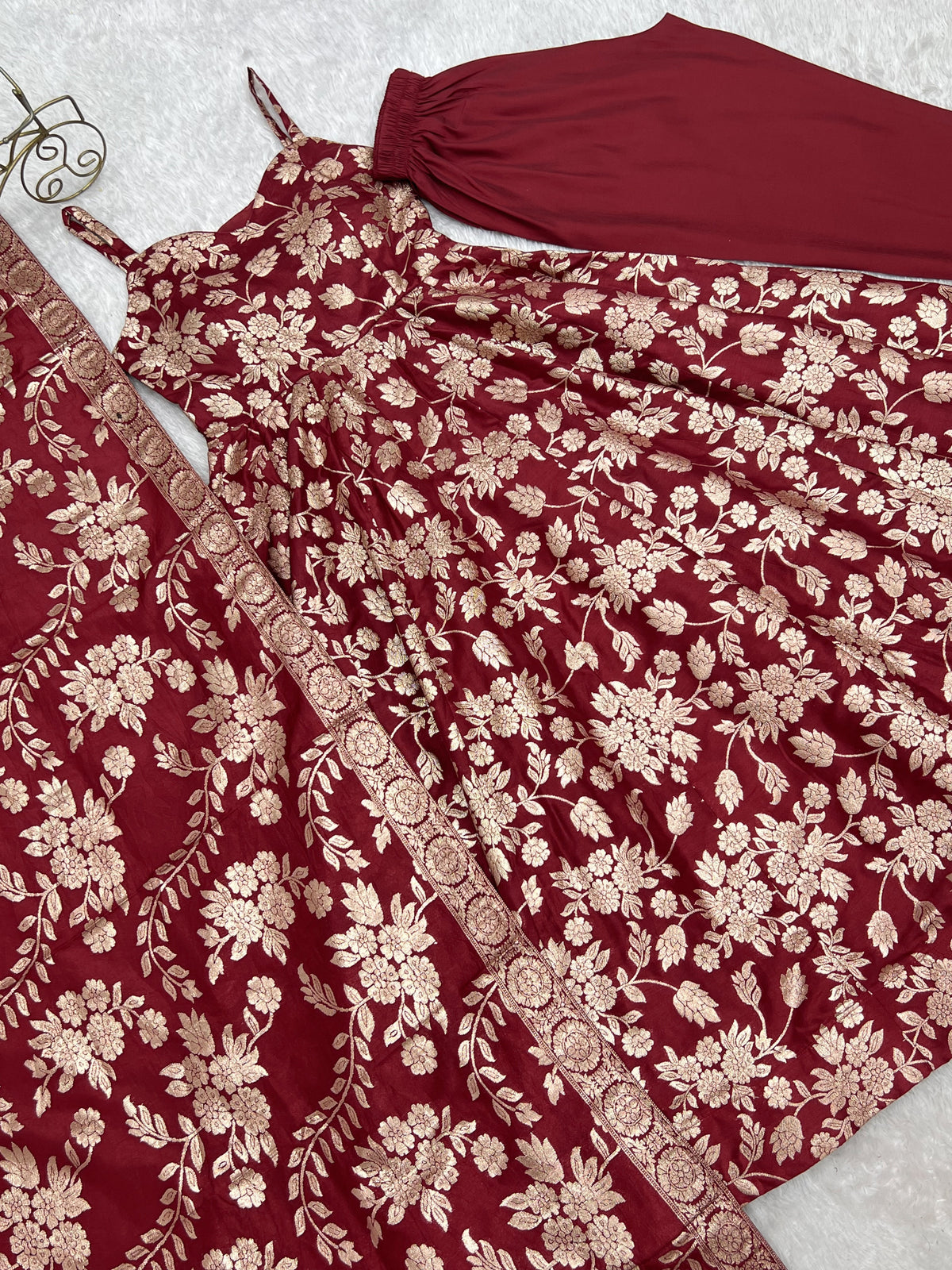Maroon Banarasi silk Anarkali Gown ClothsVilla