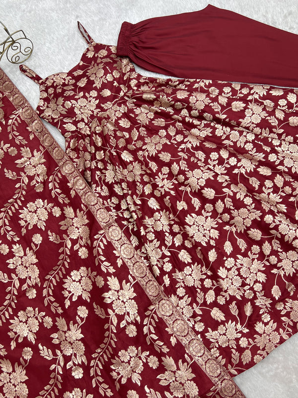 Maroon Banarasi silk Anarkali Gown ClothsVilla