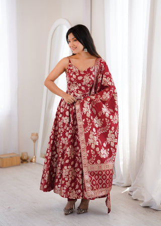 Maroon Banarasi silk Anarkali Gown ClothsVilla