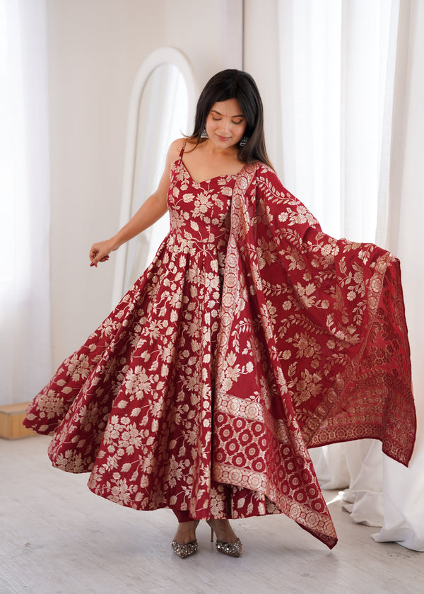 Maroon Banarasi silk Anarkali Gown ClothsVilla