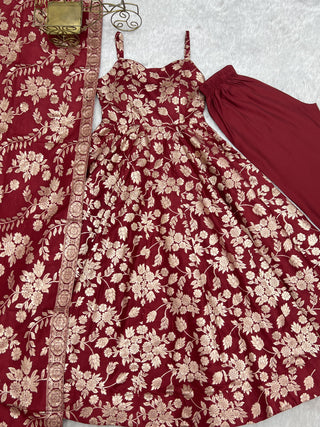 Maroon Banarasi silk Anarkali Gown ClothsVilla