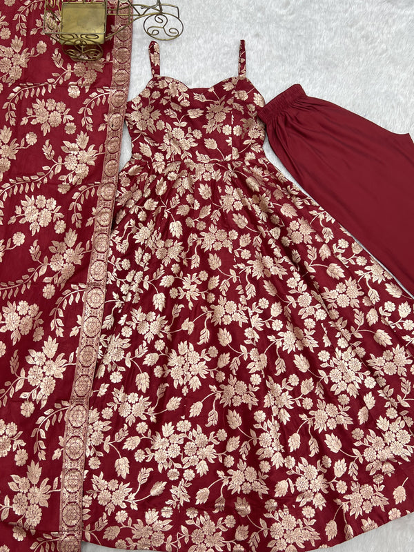 Maroon Banarasi silk Anarkali Gown ClothsVilla