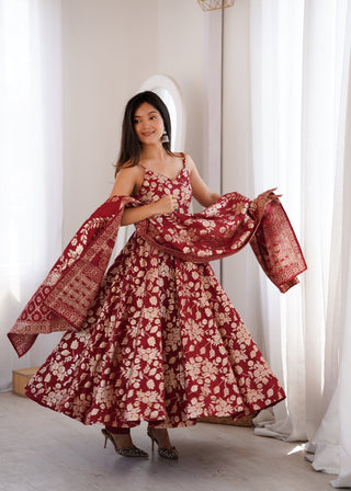 Maroon Banarasi silk Anarkali Gown ClothsVilla