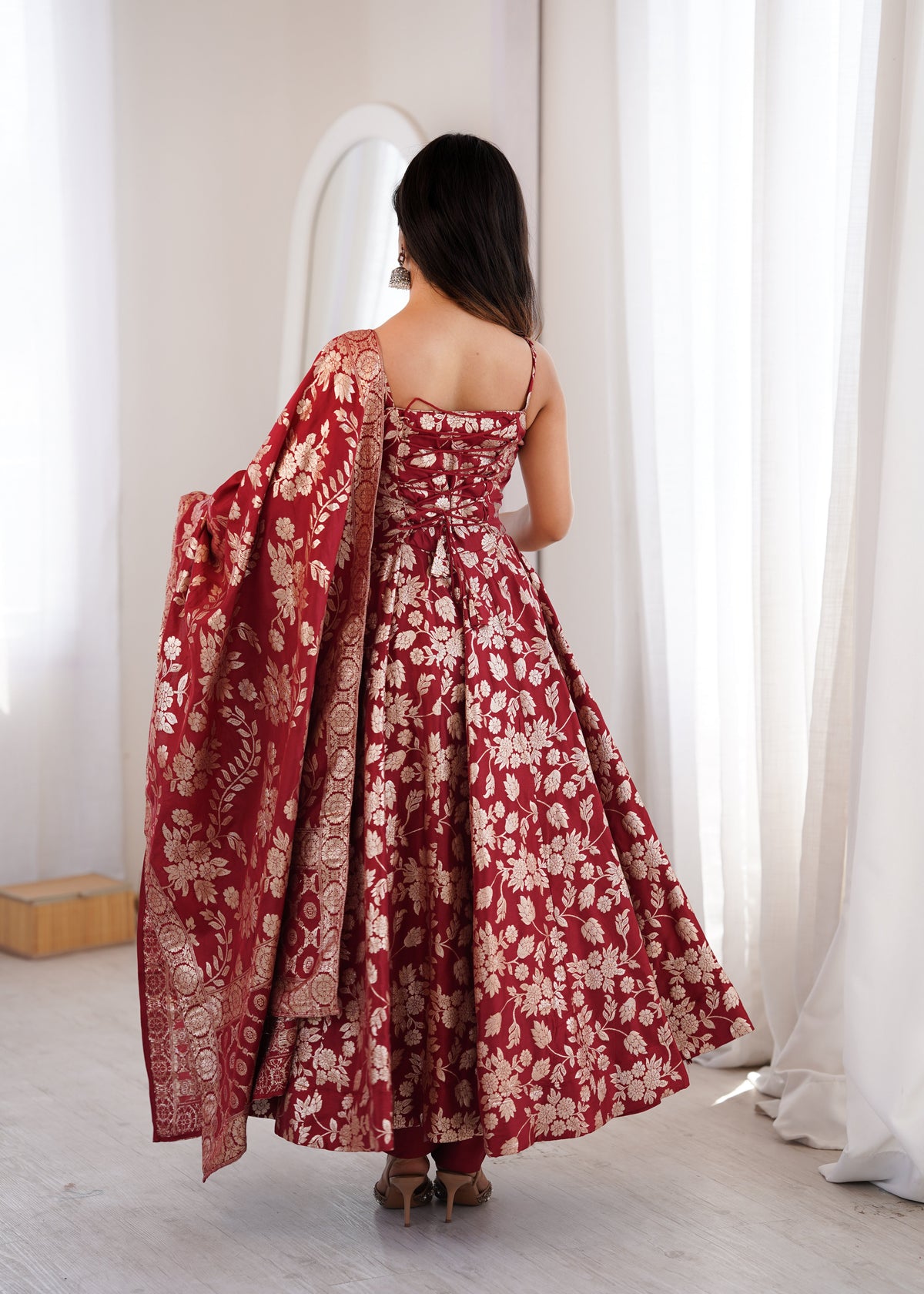 Maroon Banarasi silk Anarkali Gown ClothsVilla