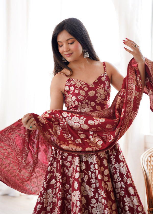 Maroon Banarasi silk Anarkali Gown ClothsVilla