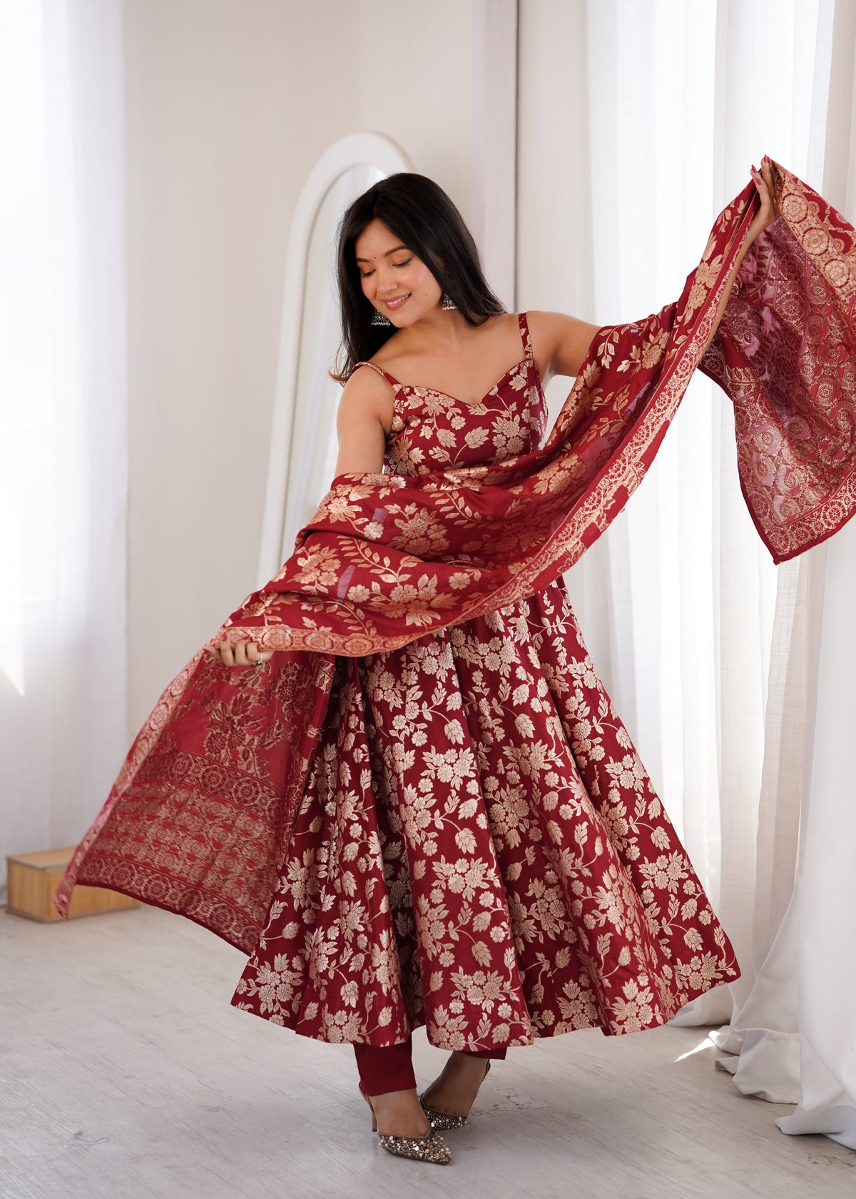 Maroon Banarasi silk Anarkali Gown ClothsVilla