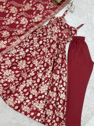Maroon Banarasi silk Anarkali Gown ClothsVilla
