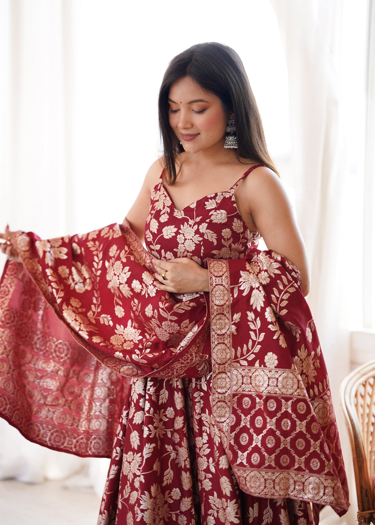 Maroon Banarasi silk Anarkali Gown ClothsVilla