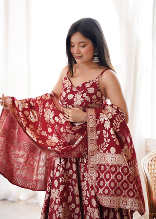 Maroon Banarasi silk Anarkali Gown ClothsVilla