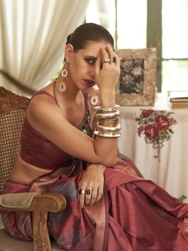 Maroon Banarasi Silk Blend Saree with Unstitched Blouse Piece ClothsVilla