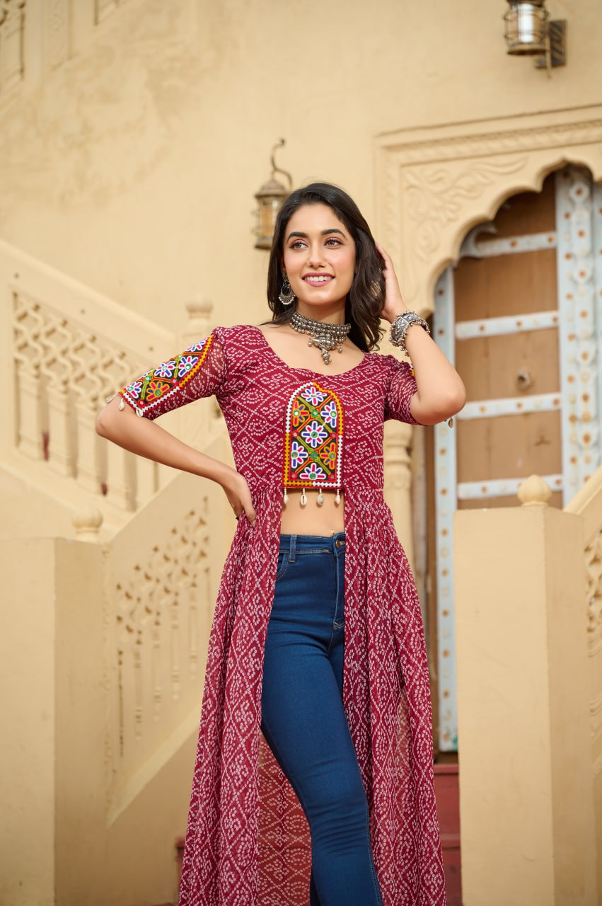 Maroon Bandhani Print Faux Georgette Kurti with Kutchi Patchwork ClothsVilla