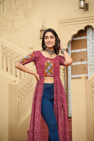 Maroon Bandhani Print Faux Georgette Kurti with Kutchi Patchwork ClothsVilla